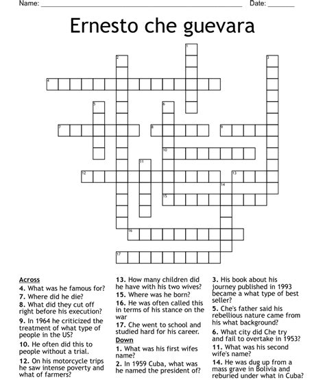 The Crossword Solver found 30 answers to "Ernesto Guevara551495", 3 letters crossword clue. . Ernesto guevara crossword clue
